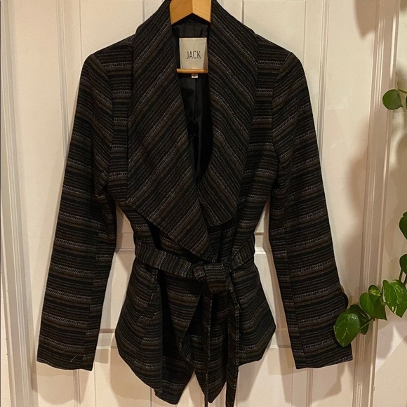 JACK Jackets & Blazers - Jack Women's Brown Black Blazer 3%Wool Jacket Belted Pockets Wrap